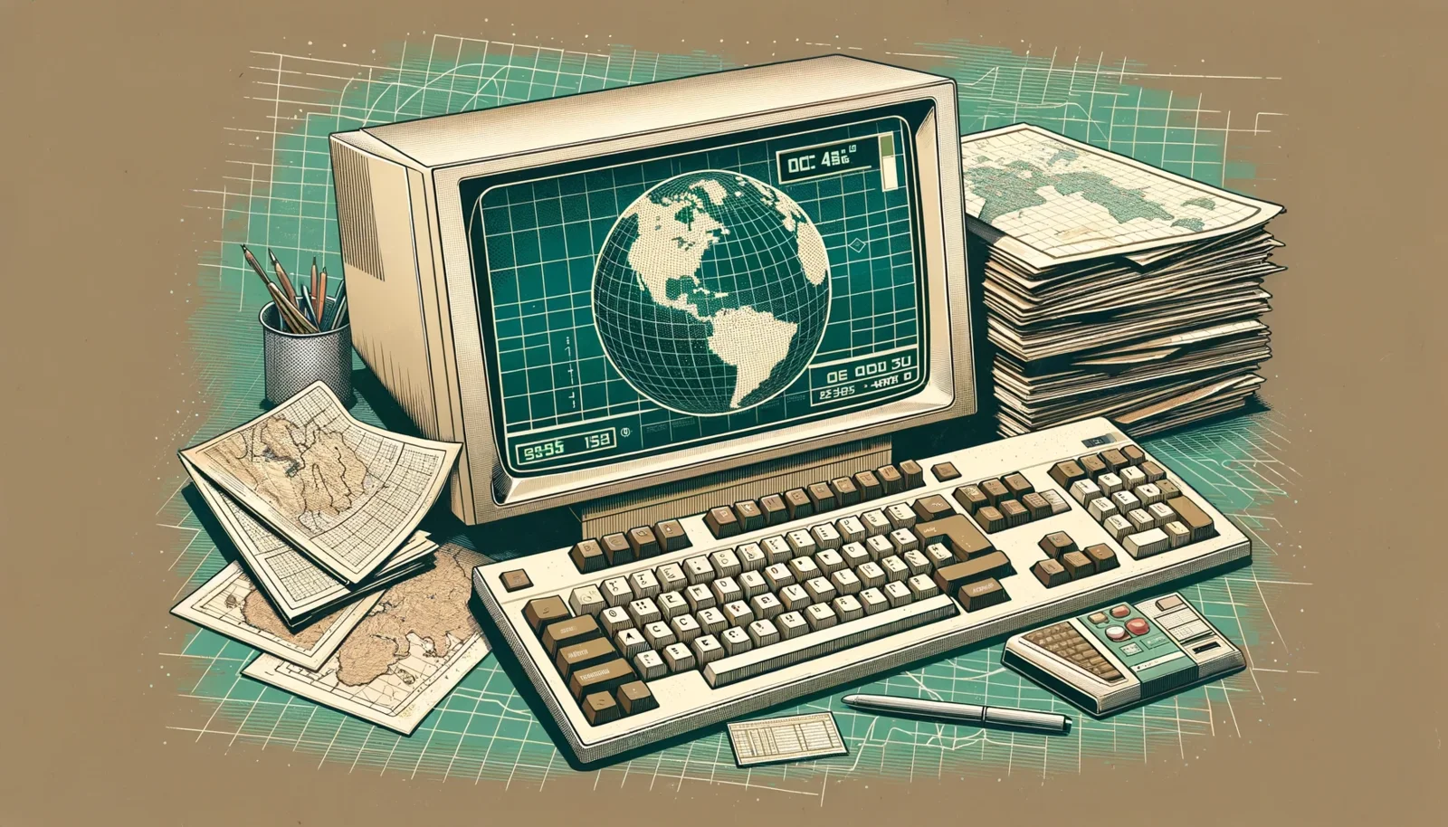 A retro computer displaying a globe, surrounded by maps and survey notes